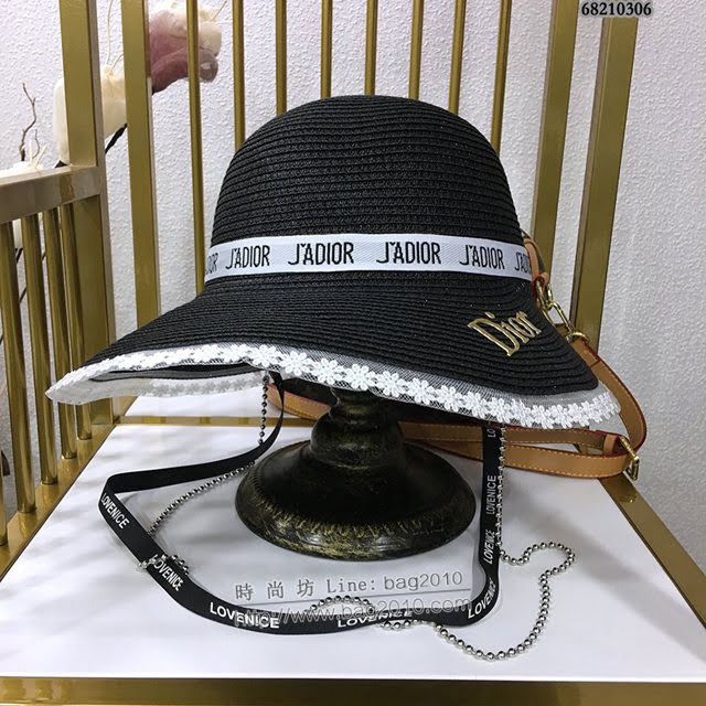 Dior女士帽子 迪奧蕾絲邊吊帶盆帽草帽遮陽帽  mm1090